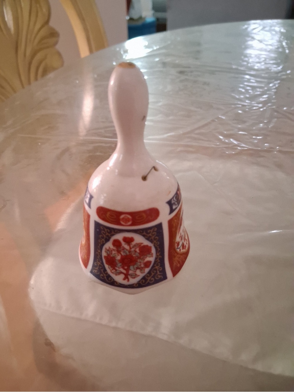 Porcelain Decorative Bell in White with Red & Blue Floral Panels